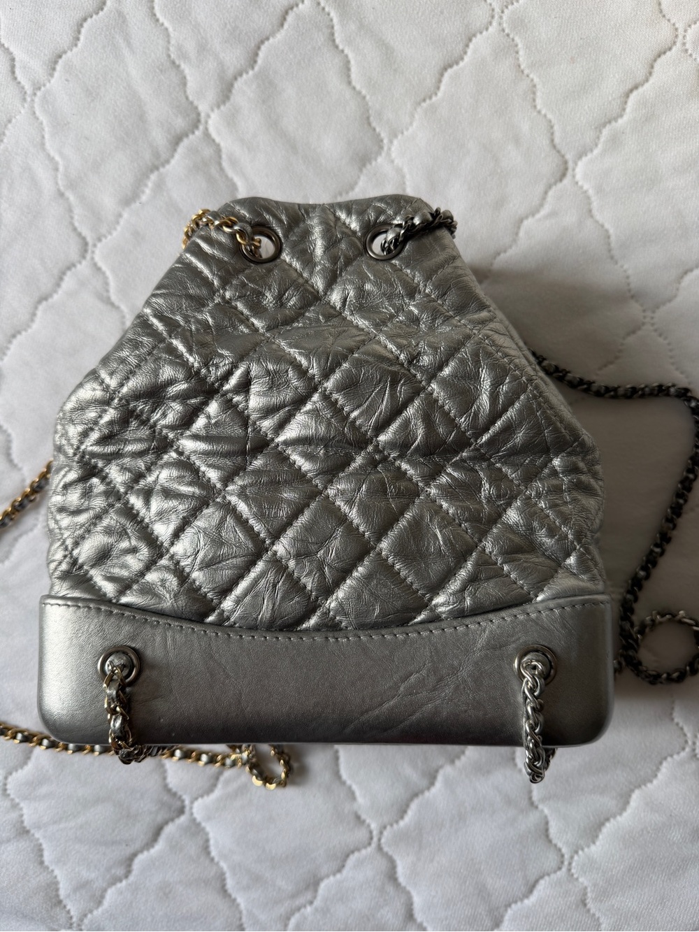 CHANEL Silver Backpack Quilted Drawstring Shoulder with Mixed Metal Chain - Picture 2 of 12